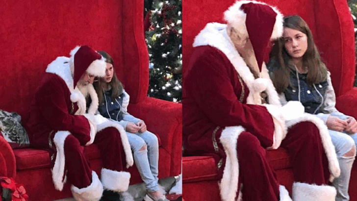 He gently touched her knee and said, “Stay a while.” What followed left everyone in tears. Santa brings unexpected comfort to a grieving child