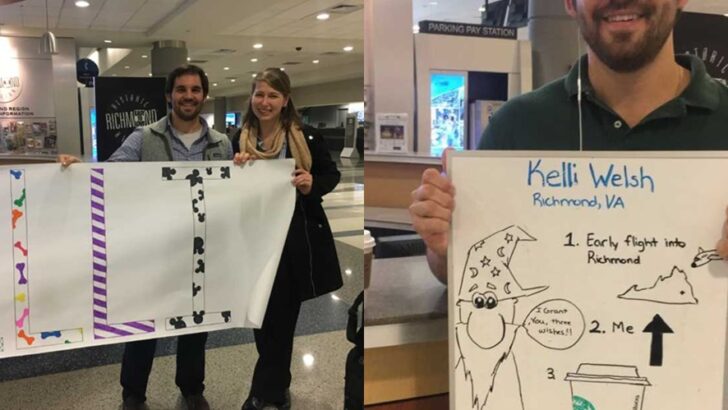 Every Friday, Boyfriend Welcomes Girlfriend Home With Creative Airport Signs, Turning Long-Distance Travel Into a Weekly Love Tradition