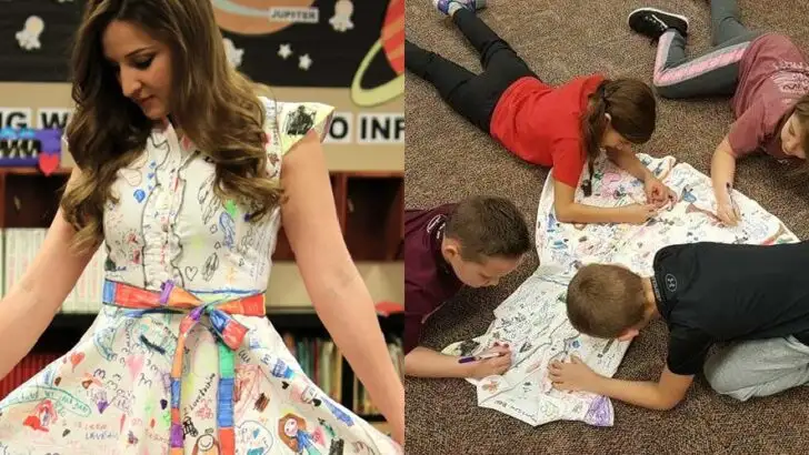 Elementary Teacher Without Art Program Inspires Students to Spread Kindness Through Creative Dress Covered in Their Happy Drawings